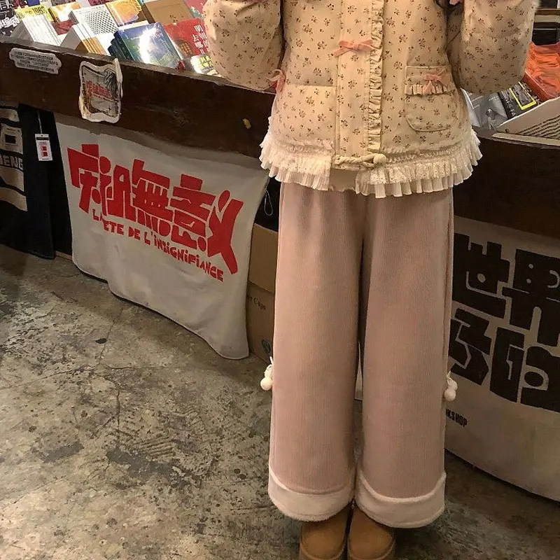 Sweet Pink Corduroy Fleece Cute Pants Women Little Furball Decor Cuffed Trousers Autumn Winter Stylish Spliced Warm Casual Pants