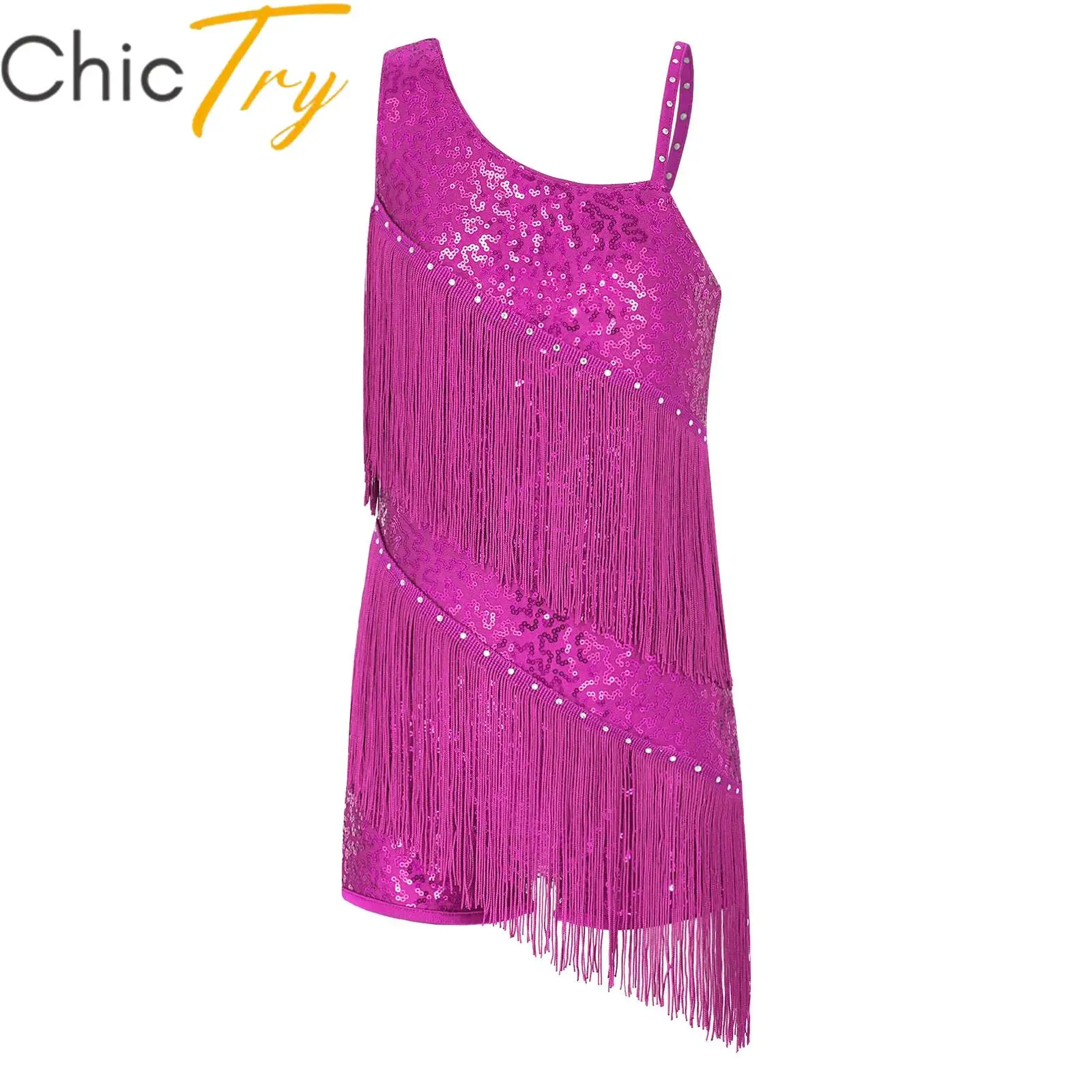 

Kids Girls Sequins Latin Jazz Dance Dress Sleeveless Oblique Straps Tassels Leotard Fringe Dress Ballroom Dance Stage Costumes