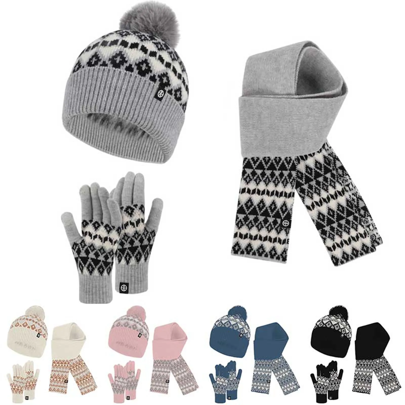 Winter Womens Beanie Hat sciarpa guanti Set Warm Beanie Hat Set con Cute Print Warm Beanie Hat sciarpa spessa Beanie Hat sciarpe