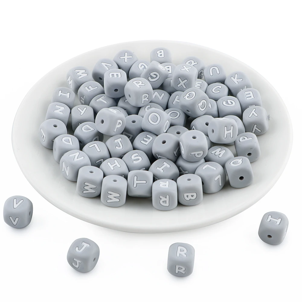 Sunrony 10~100Pcs 12MM Silicone Letter Beads Gray Square Alphabet Spacer Bead For Jewelry Making DIY Name Bracelet Accessories