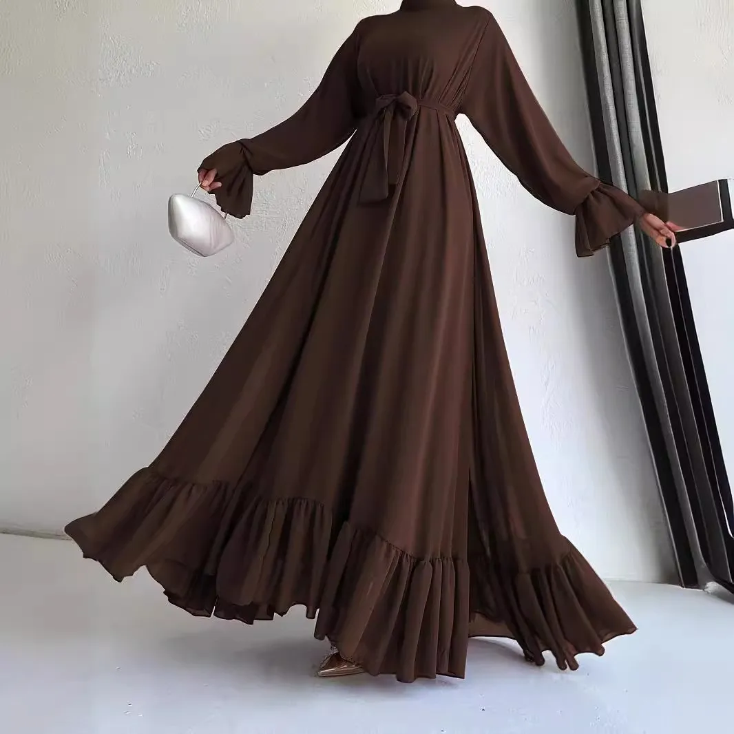 

Muslim Fashion Long-sleeved, Flared, Solid-color, Belt-fitted, Fairy-like Dress