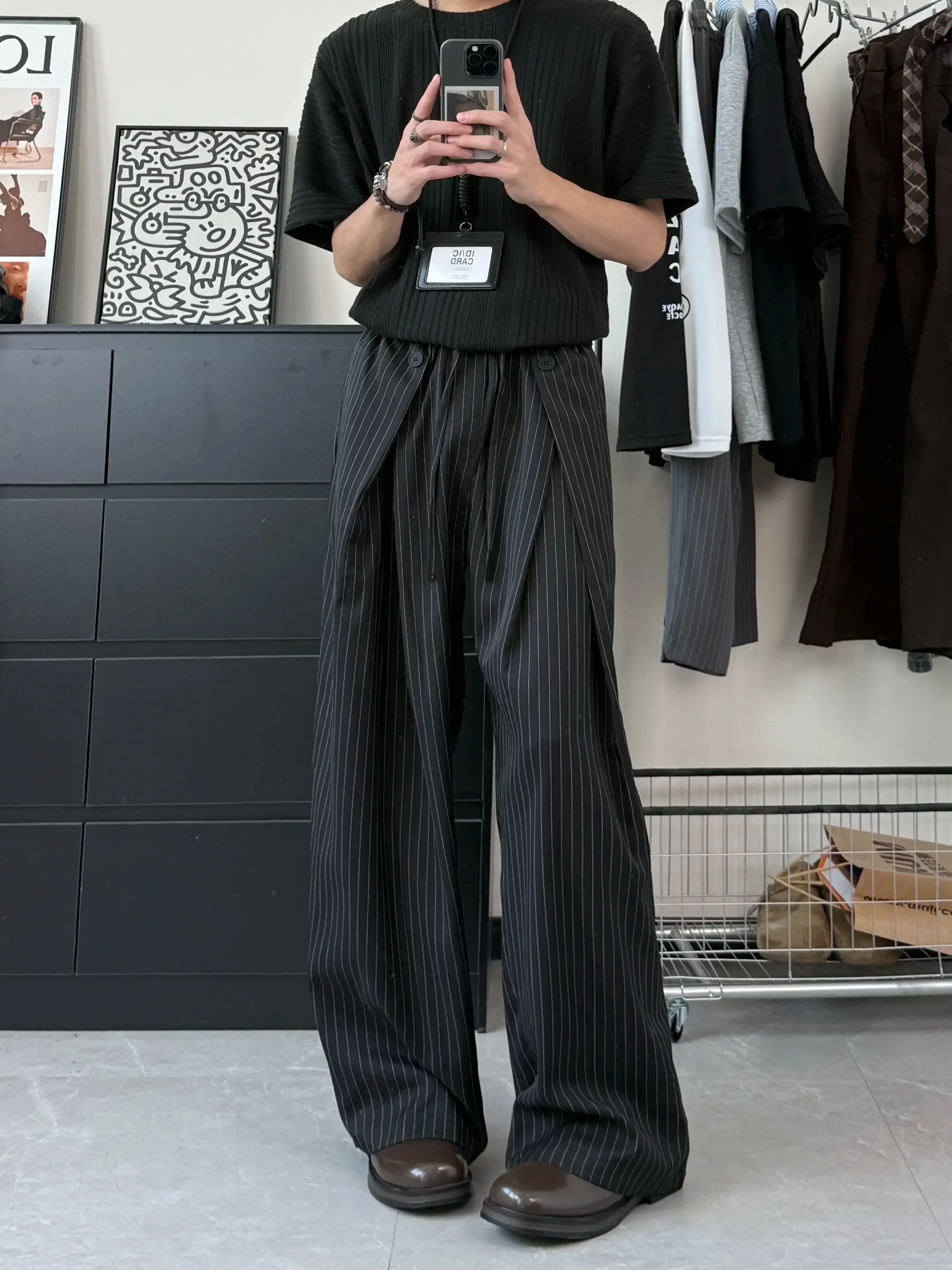 Cleanfit Ice Silk Men's Casual Pants Black Stripe A-Line Pleated Knife  Summer Design Sensation Straight Leg Trousers
