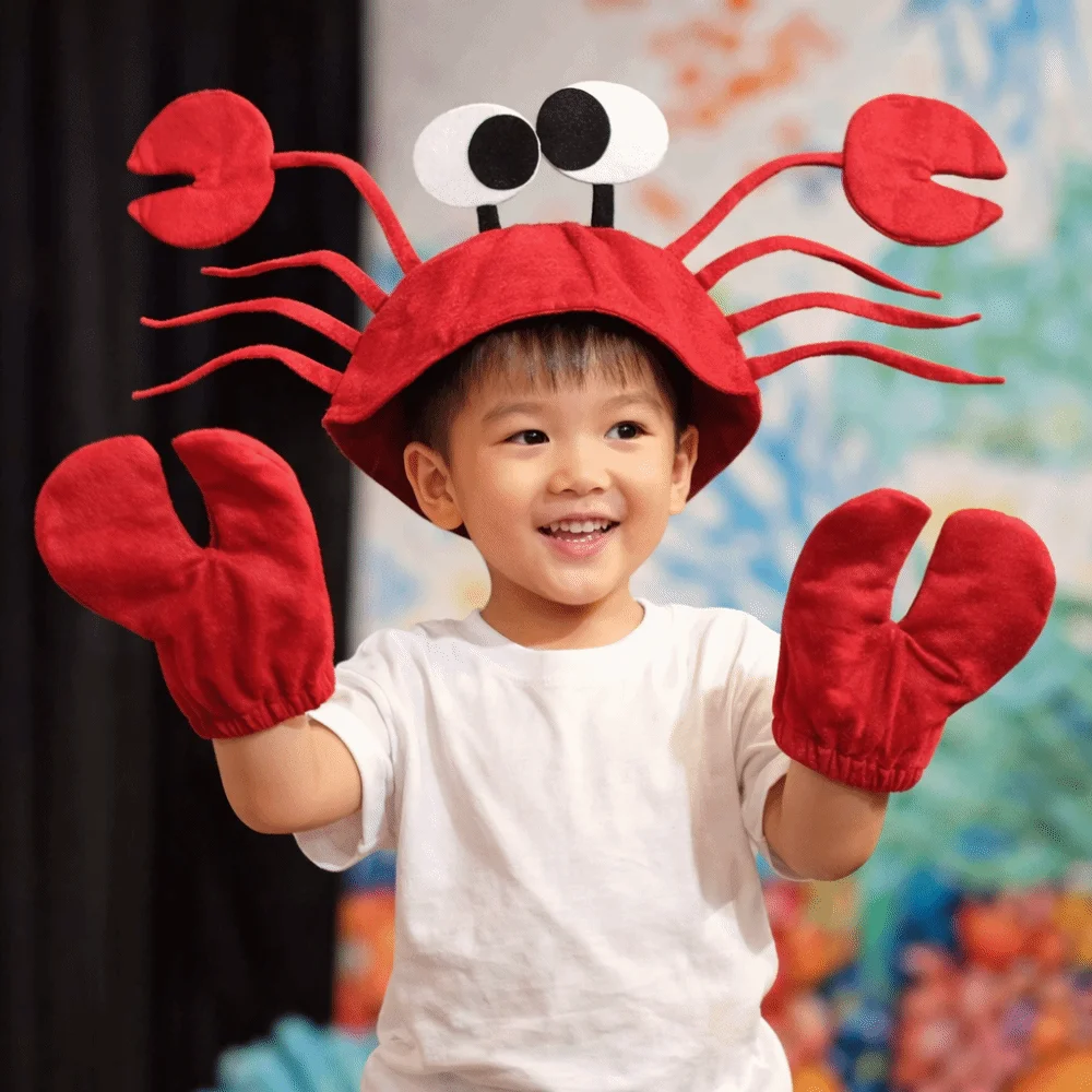 Funny Cartoon Crab Hat Cute Animal Character Red Lobster Hat with Gloves Costume Headwear Halloween Party