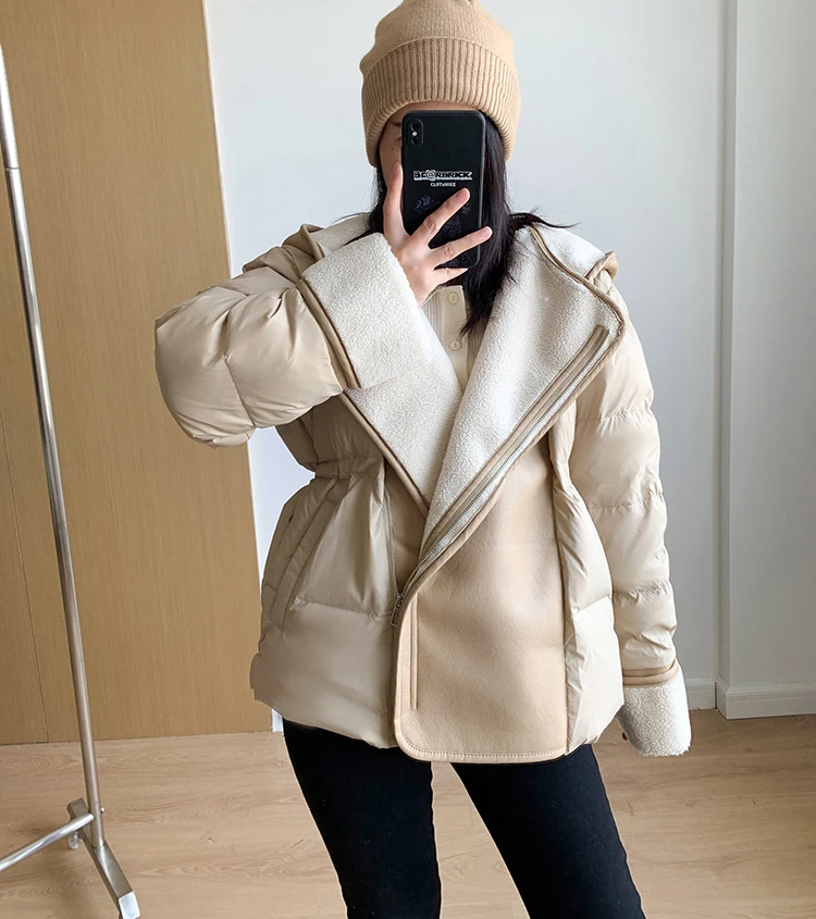 Schinteon Women Lambswool White Duck Down Jacket with Hood Autumn Winter Warm Outwear Casual Patchwork Coat European Style