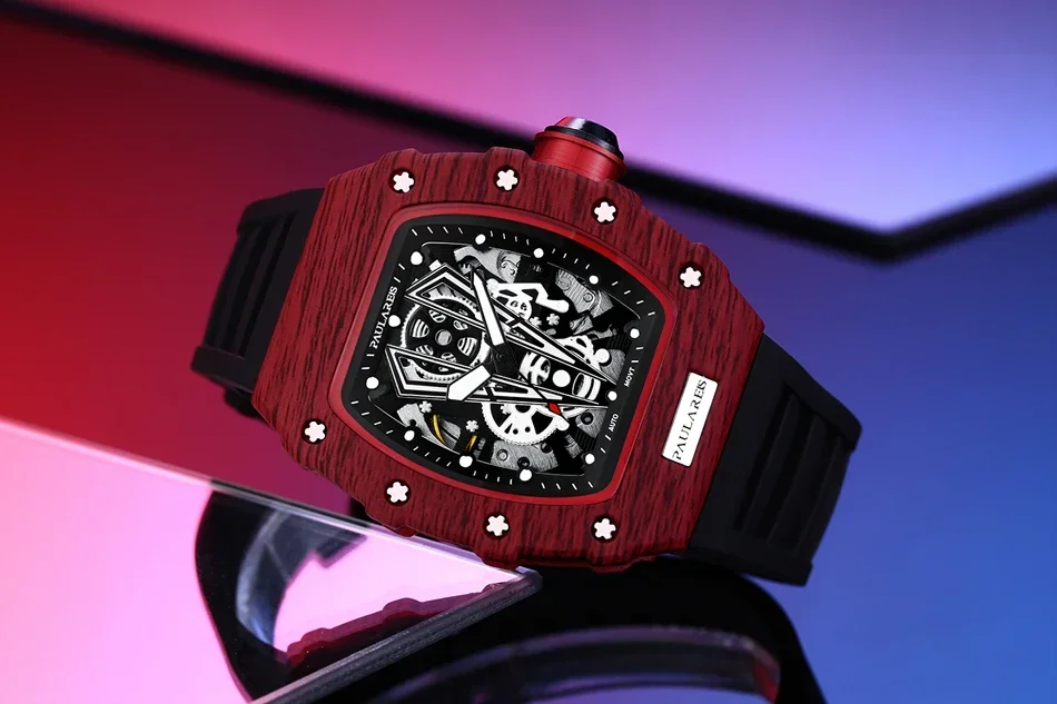 Automatic Watch for Men Skeleton Mechanical Red Black Rubber Strap Richard Fashion Tonneau Reloj Hombre