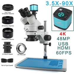 Microscopio Trinocular estéreo simul-focal, 4K, 2K, 48MP, 1080P, HDMI, USB, cámara de vídeo Digital para reparación de soldadura de teléfono PCB, 3.5X-90X