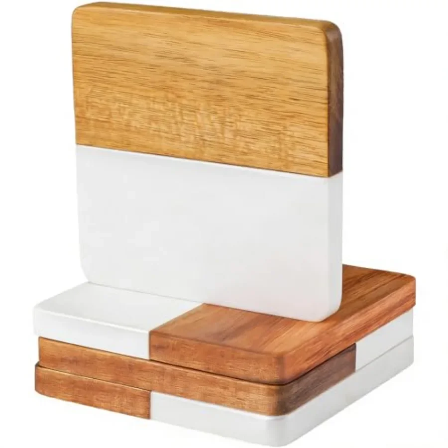 

Marble Coasters: 4-Piece Set of Acacia Wood Marble Coasters, Suitable for Kitchens and Offices, can be Used as Gifts