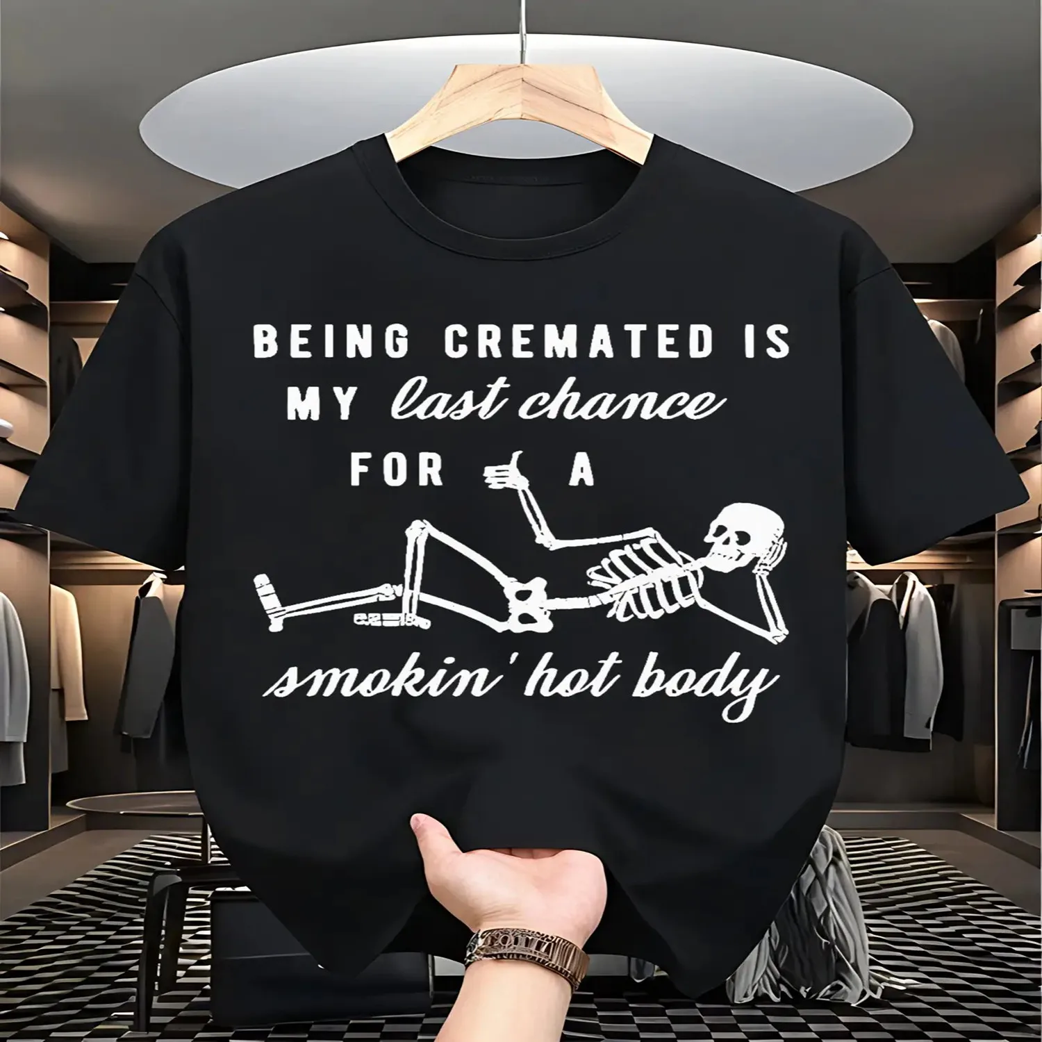Plus Size Skull Print 'Being Cremated Is My Last Chance to Have a Hot Body' T-Shirt- Comfortable and Breathable, Suitable for Casual Wear, Father's Day Gift Short Sleeve T Shirt, Birthday Gift Tee