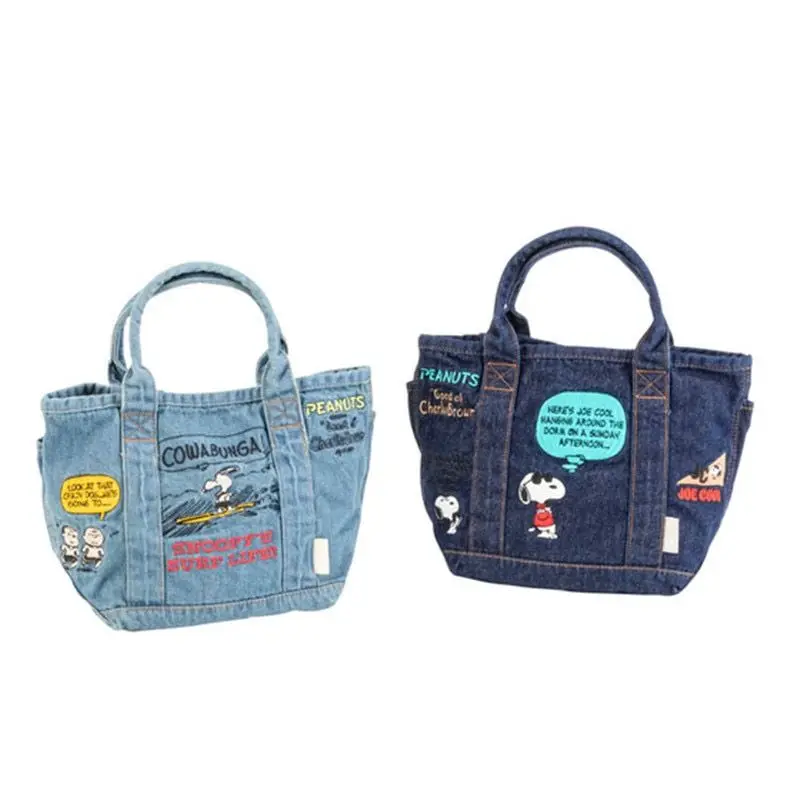 Japanese Super Hot Snoopy Cartoon Cute Embroidered Handbag Retro Versatile Denim Bag Handheld Bento Bag