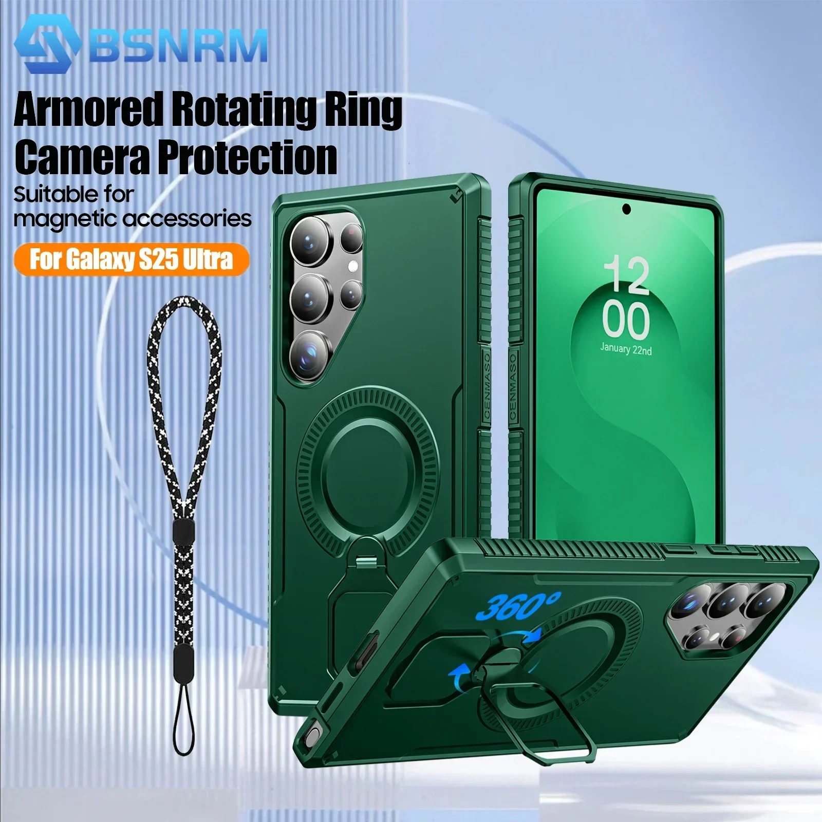 

360° ° Подставка для вращения, военная защита, противоударный магнитный чехол для телефона с кольцевой подставкой для Galaxy S25, ультра-зеленый