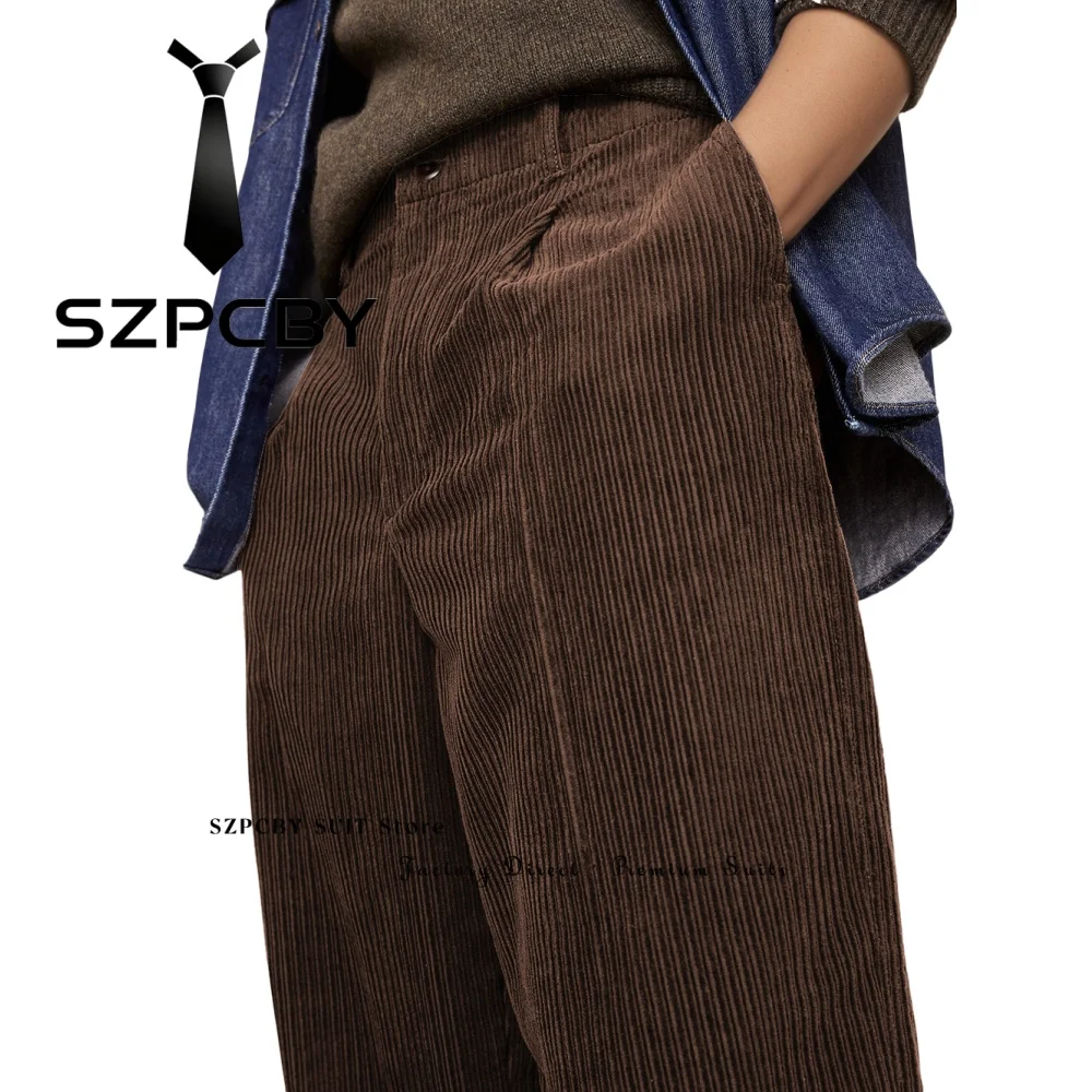 Corduroy Men's Pants Thick Warm High Waisted Straight Leg Pants for Men Customized Autumn Winter Retro Casual Long Trousers