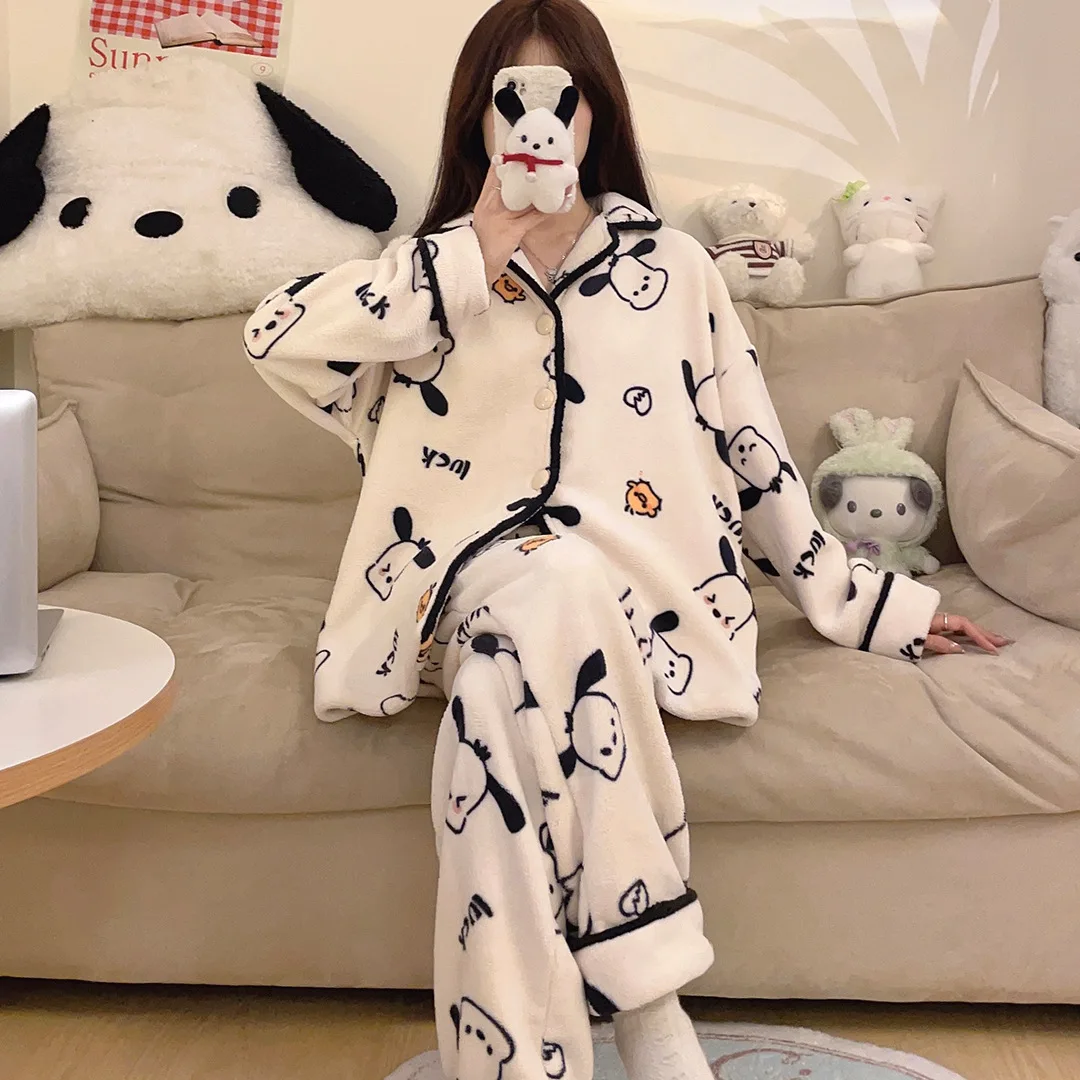 

Cartoon Sanrio Pochacco Coral Fleece Lapel Pajamas Cute Thickened Women Homewear Autumn Winter Warm Leisure Suit Birthday Gift