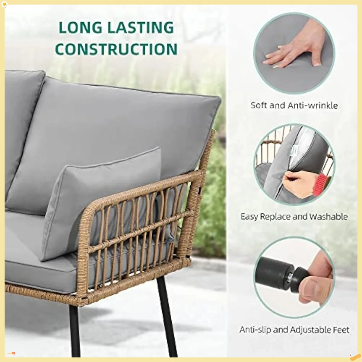 طقم أثاث للفناء مكون من 4 قطع، أريكة مقطعية على شكل حرف L للمحادثة الخارجية مع 5 مقاعد للفناء الخلفي والشرفة