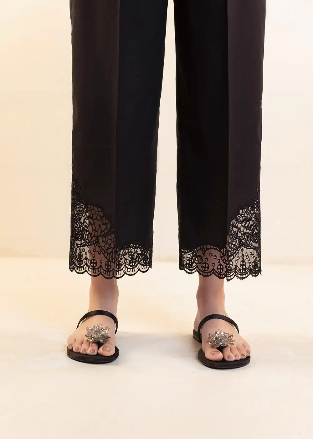 Pakistan Women's 100% Cotton Black Hollow out Summer Pants Comfortable Breathable Solid Color Wide Leg Trousers