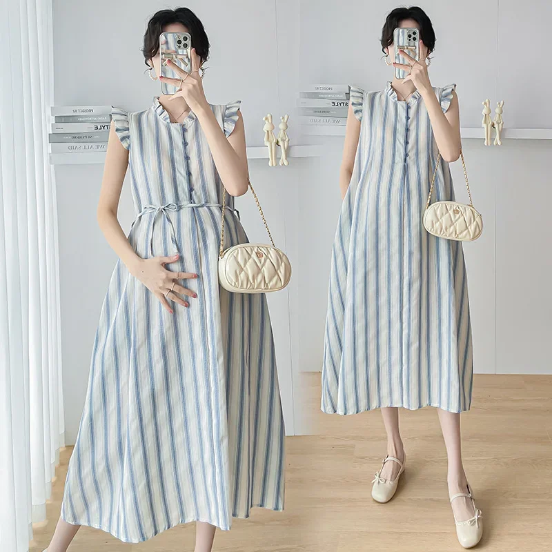 

Maternity Clothes Spring Autumn Pregnancy Dresses Pregnant Women Lantern Sleeve High Waist V Neck Clothing