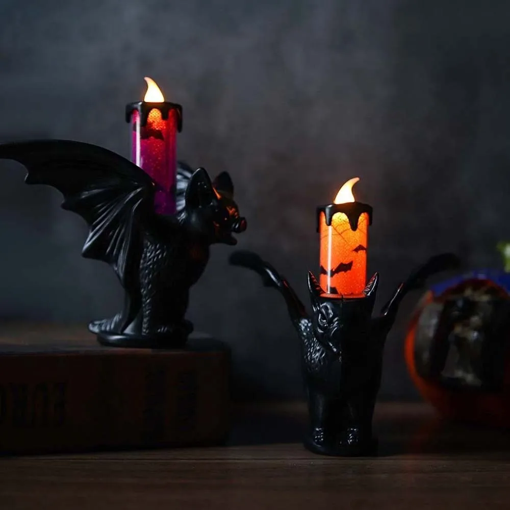 Cell Battery Operated Bat Candle Light Plastic Base Warm Flicker LED Candlestick Lightweight Printed Pattern Gothic Lamp