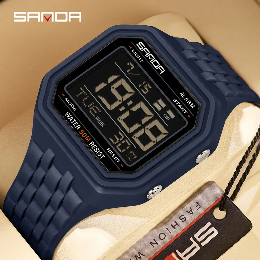 SANDA 6366 Retro Block Sports Electronic Watch for Male and Female Students, 50 Meter Waterproof Night Light Multifunctional