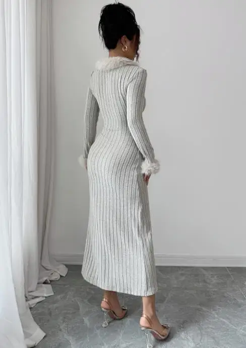 

2025 Elegant Solid Color Long Sleeved Hip Hugging Dress for Autumn and Winter, Women's Fringed Design, V-Neck Slim Knit Dress