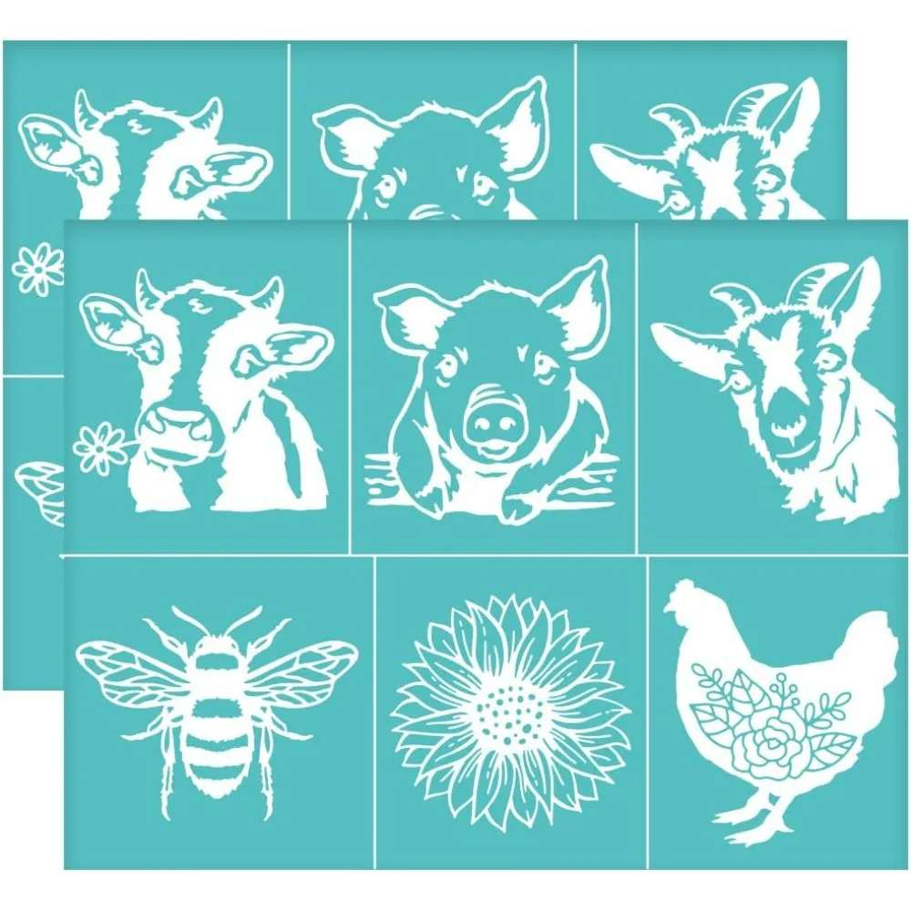 2pcs 11x8.6 inch Silk Screen Printing Stencils Farmhouse Animal Silk Screen Stencils Self-Adhesive Pig Cow Stencils Reusable