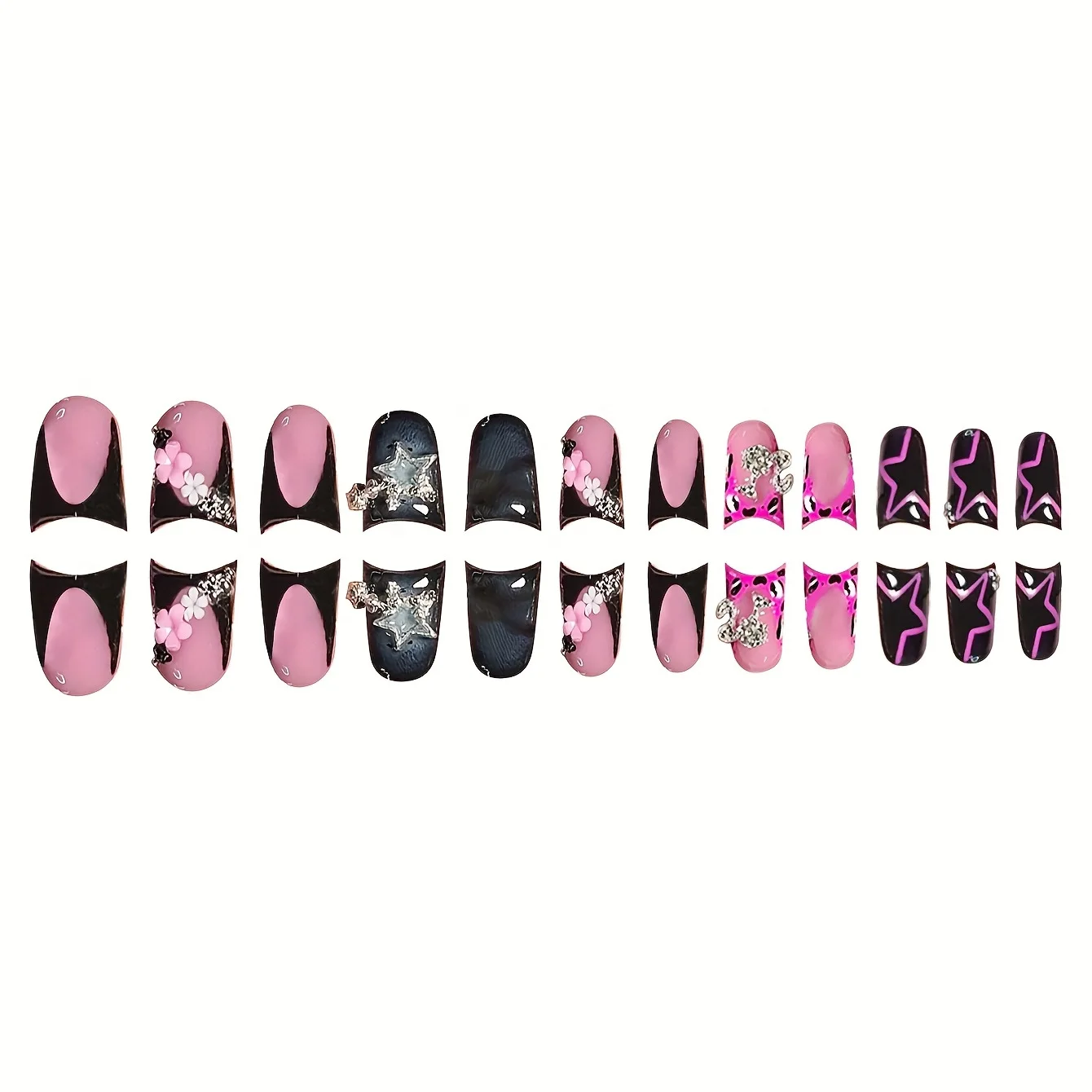 Sweet And Cool Duckbill Shaped Fake Nails Glittering Star And Diamond Flower Design Wearable Nail Tips