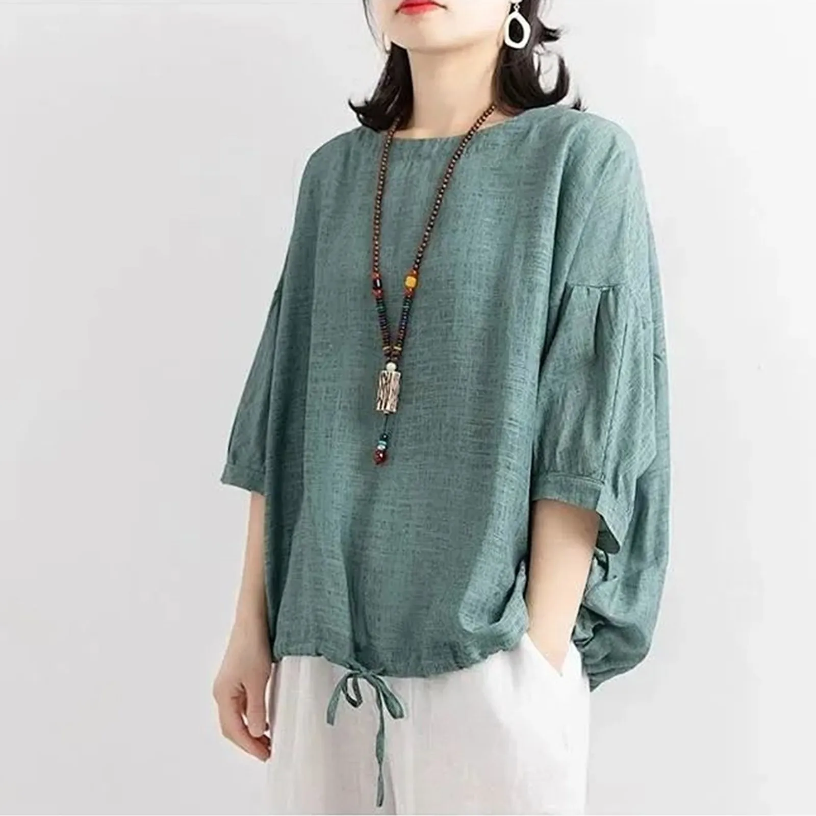 Ethnic Style Vintage Cotton Linen Casual Shirt Summer 2023 Women O-neck Loose Fashion Blouse Tops Female Short Sleeve Blusa