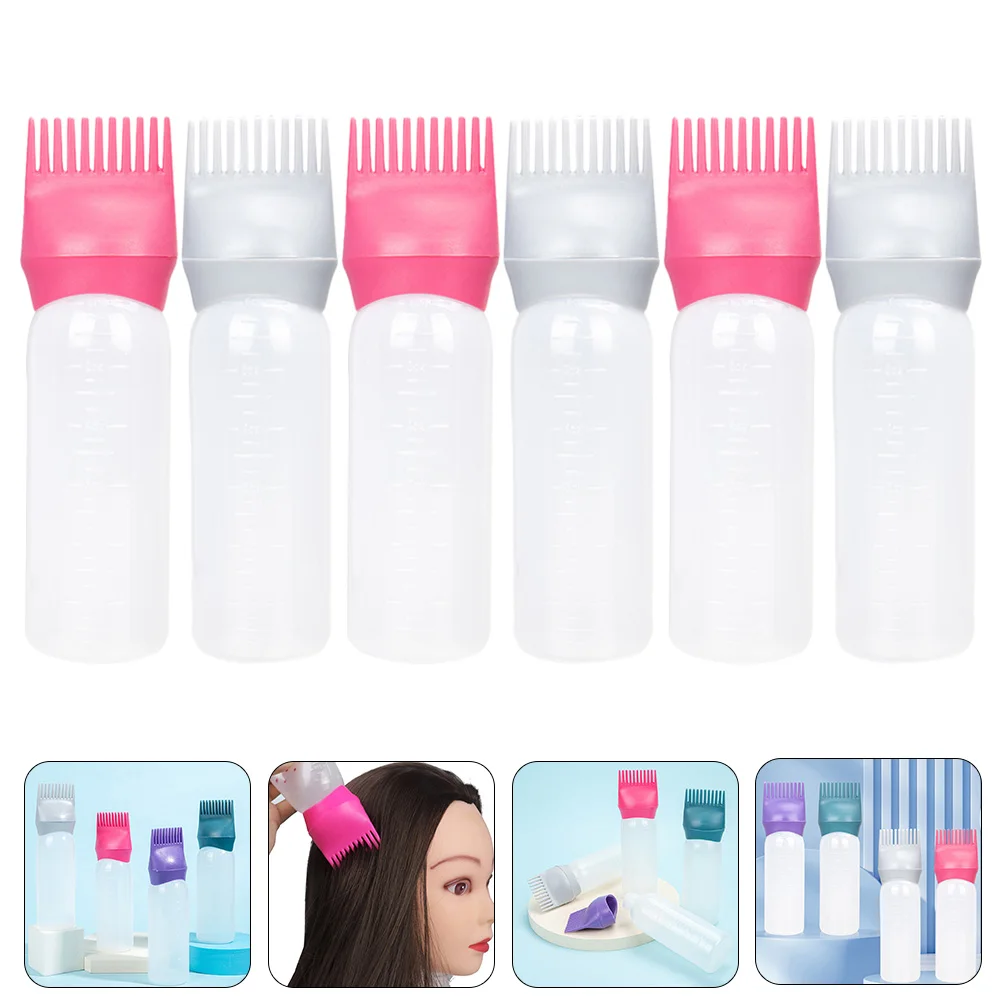 

6 Pcs Hair Dye Bottle Comb Graduated Applicator Root Oil Massager Scalp Pink Grey Reusable Plastic Tool Salon Home Use