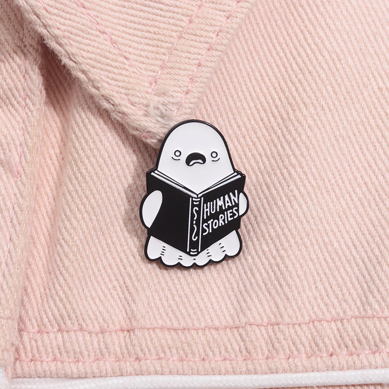 Halloween Punk Ghost Book Club Enamel Pins Custom Boo Read HUMAN STORIES Brooches Clothes Lapel Badges Jewelry Gift for Friends