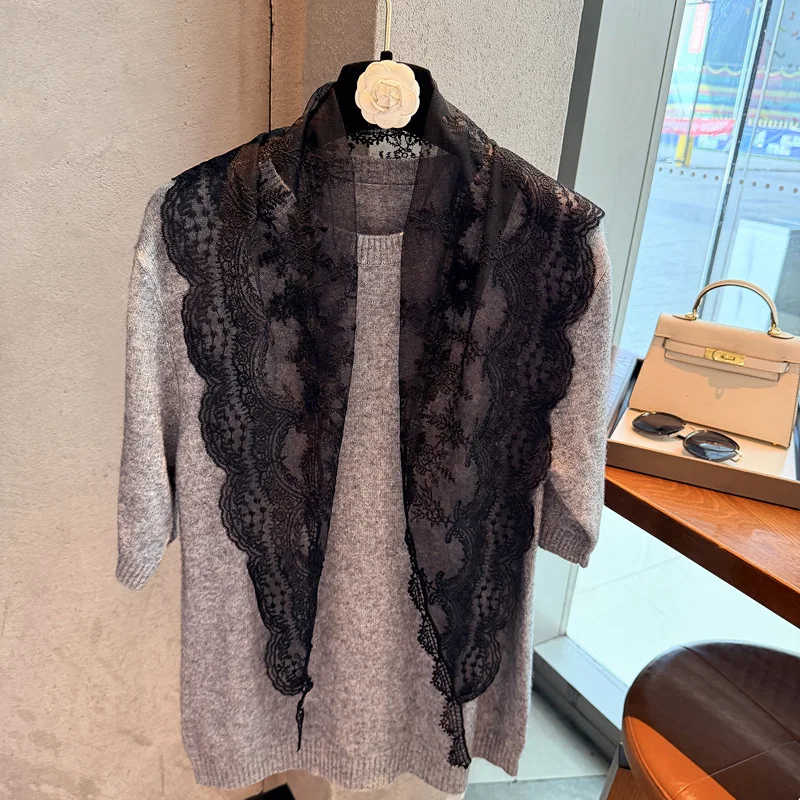 Lace Lace Solid Color Triangular Scarf Women's Small Rounded Corners Versatile Small Scarf Wrist Small Silk Scarf