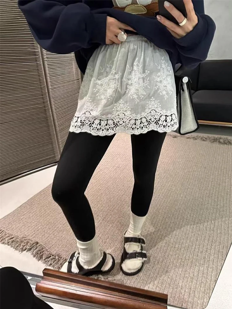 

Lace Hook Embroidered Elastic Waist Layering Skirt ort A-Line Korean Sle Commute Pure Color Polyester Fabric Skirt