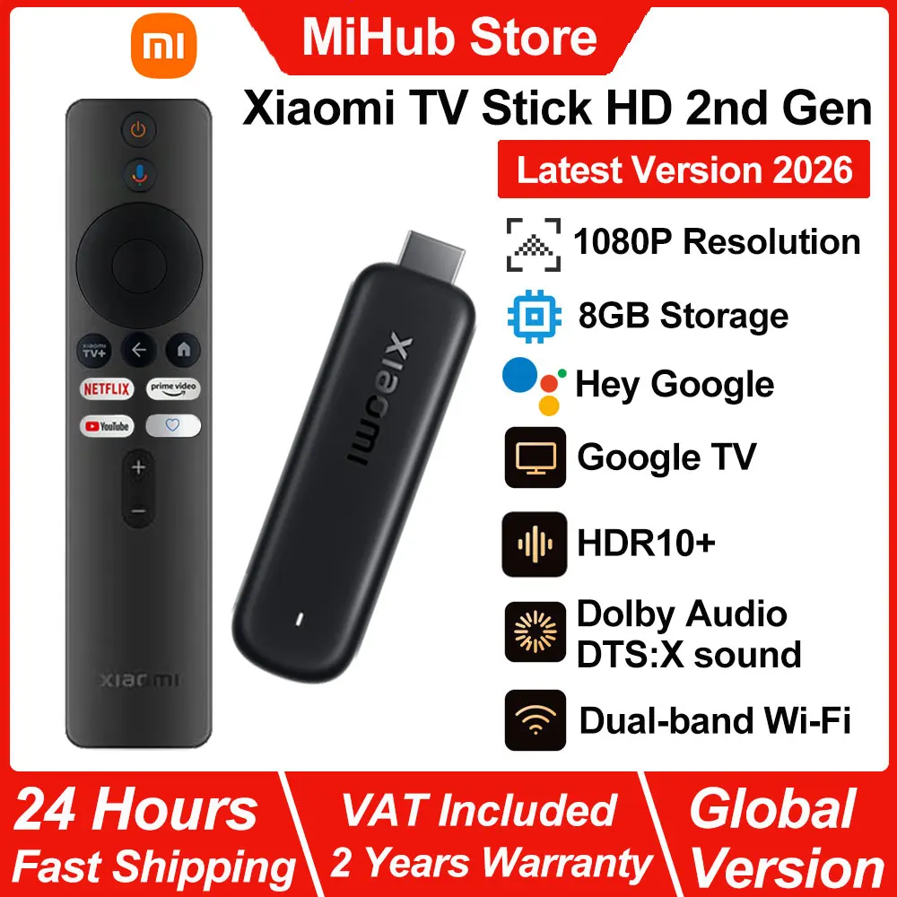 Nuevo Xiaomi TV Stick HD 2nd Gen, Reproductor Multimedia Portátil, Google TV, Dongle de TV Inteligente con WiFi de Doble Banda, Control Remoto por Voz Bluetooth