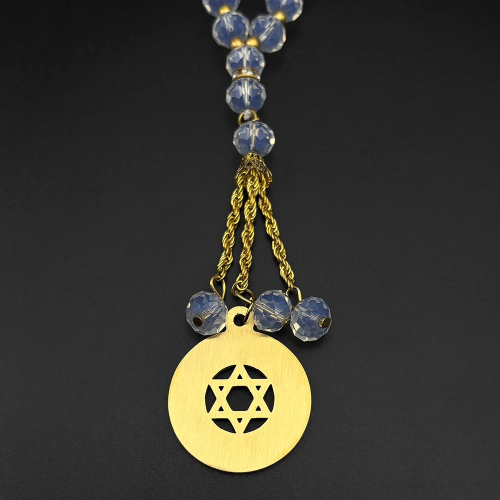 Hebrew Star of David Car Pendant for Women Men Stainless Steel Gold Color Jewish Bless Glass Beads Chain Amulet Jewelry Gift