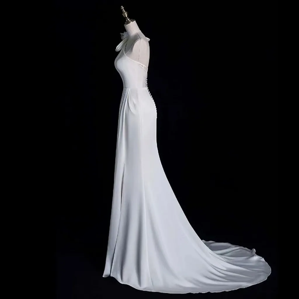 Sevintage 2025 Elegant Mermaid Ivory Satin Backless One Shoulder Train Wedding Dress Customized Bridal Gowns