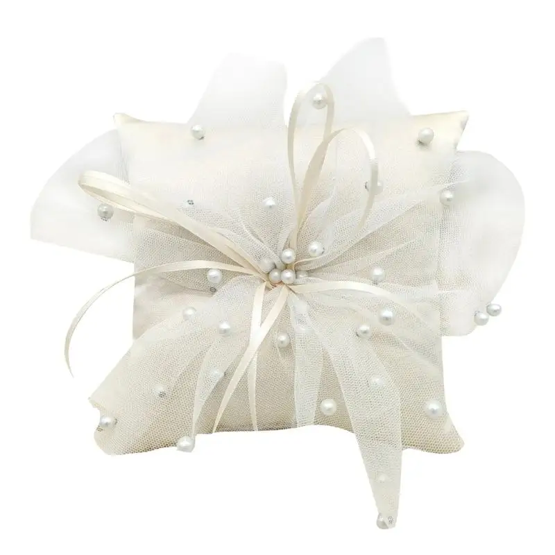 31BB Handmade Pearls Cushion White Rings Bearer Pillow for Flower Girls Wedding Commitment Prom Party Decorations