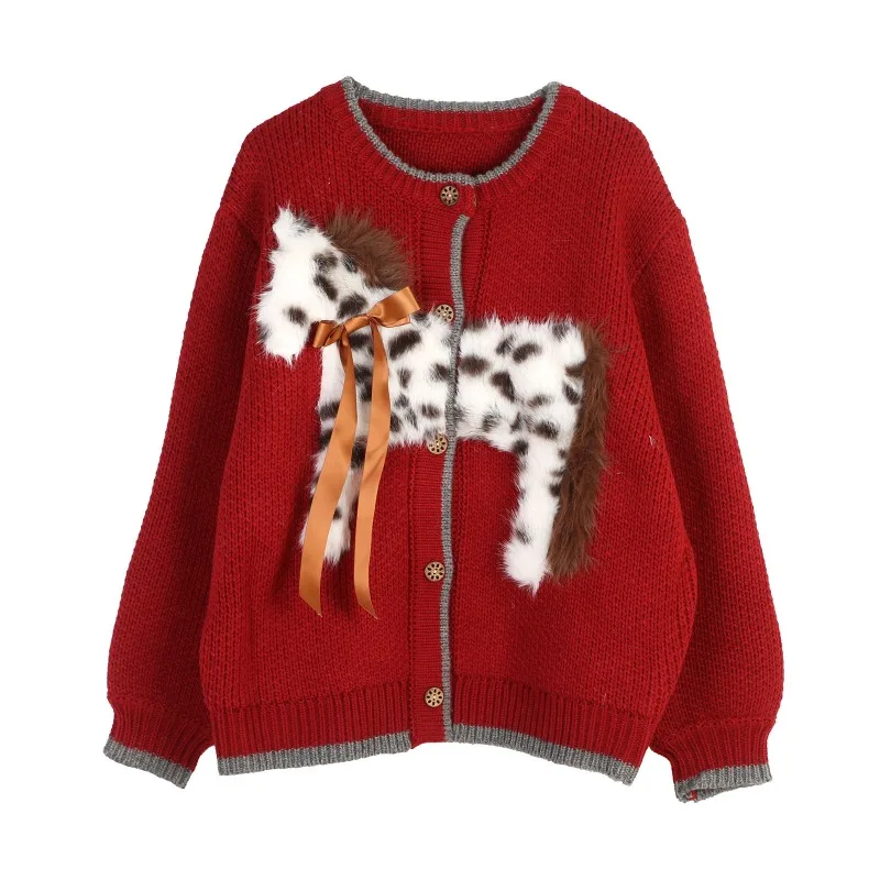 Red Color Clash Knitwears Single Breasted Wool Blend Loose Sweaters Horse Print Sweet Casual Bow Decoration Knitted Jackets 2026