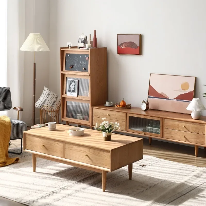 Nordic solid wood bookcase, living room small apartment, medieval cherry wood magazine cabinet, floor-to-ceiling entrance