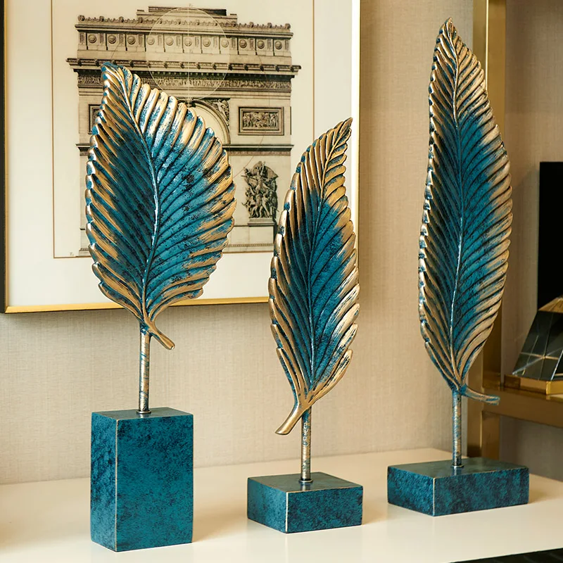 41cm Large Vintage Blue Leaf Sculpture, Classical And Popular Style Decorations For Living Room /Study Room,Bookcase/Shelf Decor