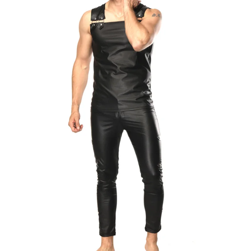 Mens Undershirts Patend Leather Vest Sleeveless T-shirts Nightclub Tank Top Faux Leather Stage Dance Skinny Pants Or Clothes Set