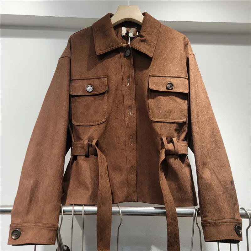 

SuperAen 2025 Autumn New American Vintage Design Lapel Collar Short Coffee-colored Jacket Fashion Single Breasted Lace-up Coats