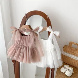 Soft Tulle Baby Bowknot Strap Romper White Mesh Dress 0-24Months Infant Summer Backless Jumpsuit Newborn Photography Outfits