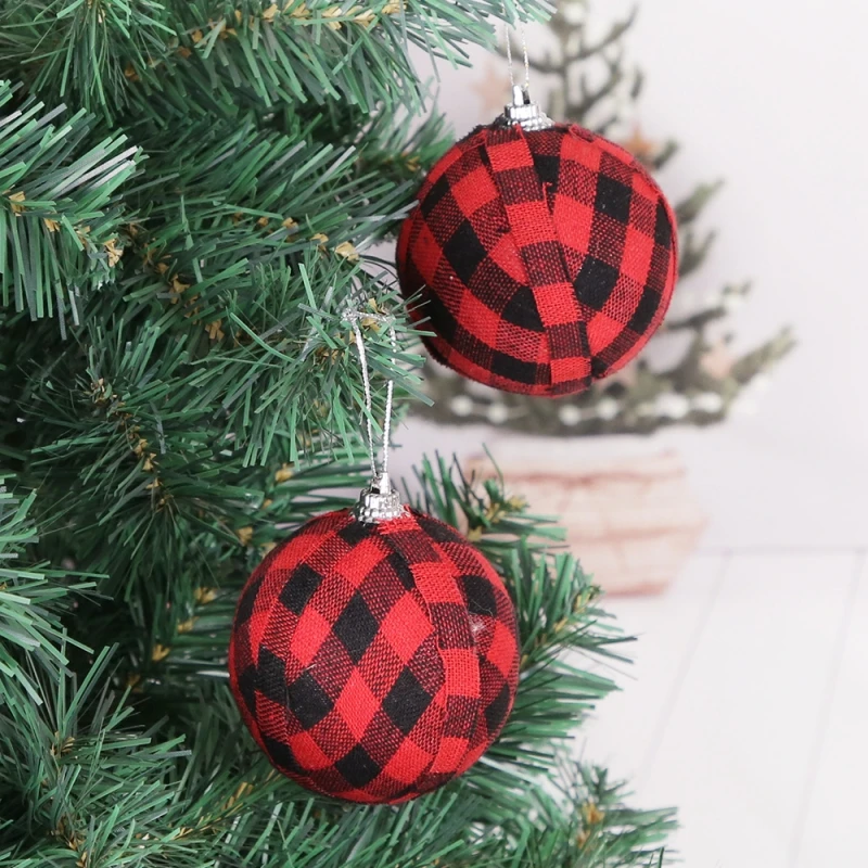 24pcs Christmas Plaid Ball Christmas Tree Ornaments Plaid Fabric Christmas Balls Xmas Hanging Tree Pendants Noel Navidad 2024