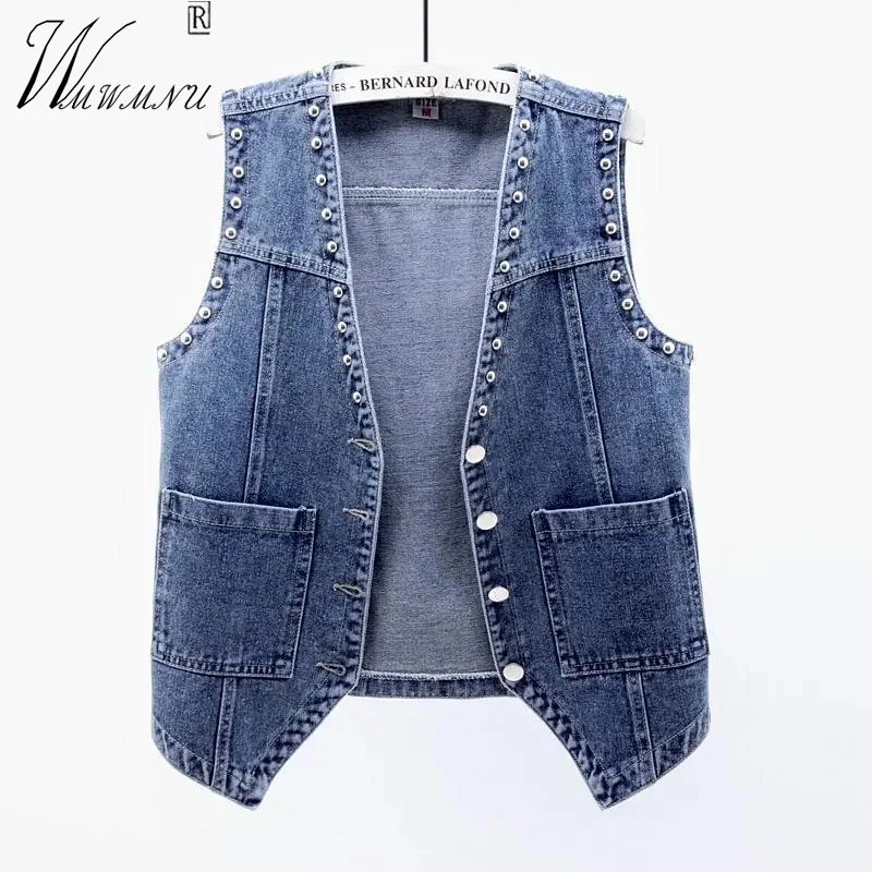 

Streetwear Rivets Denim Vests Women Oversize 4xl V-Neck Spring Summer Sleevless Jackets Blue Black Short Vintage Jeans Waistcoat