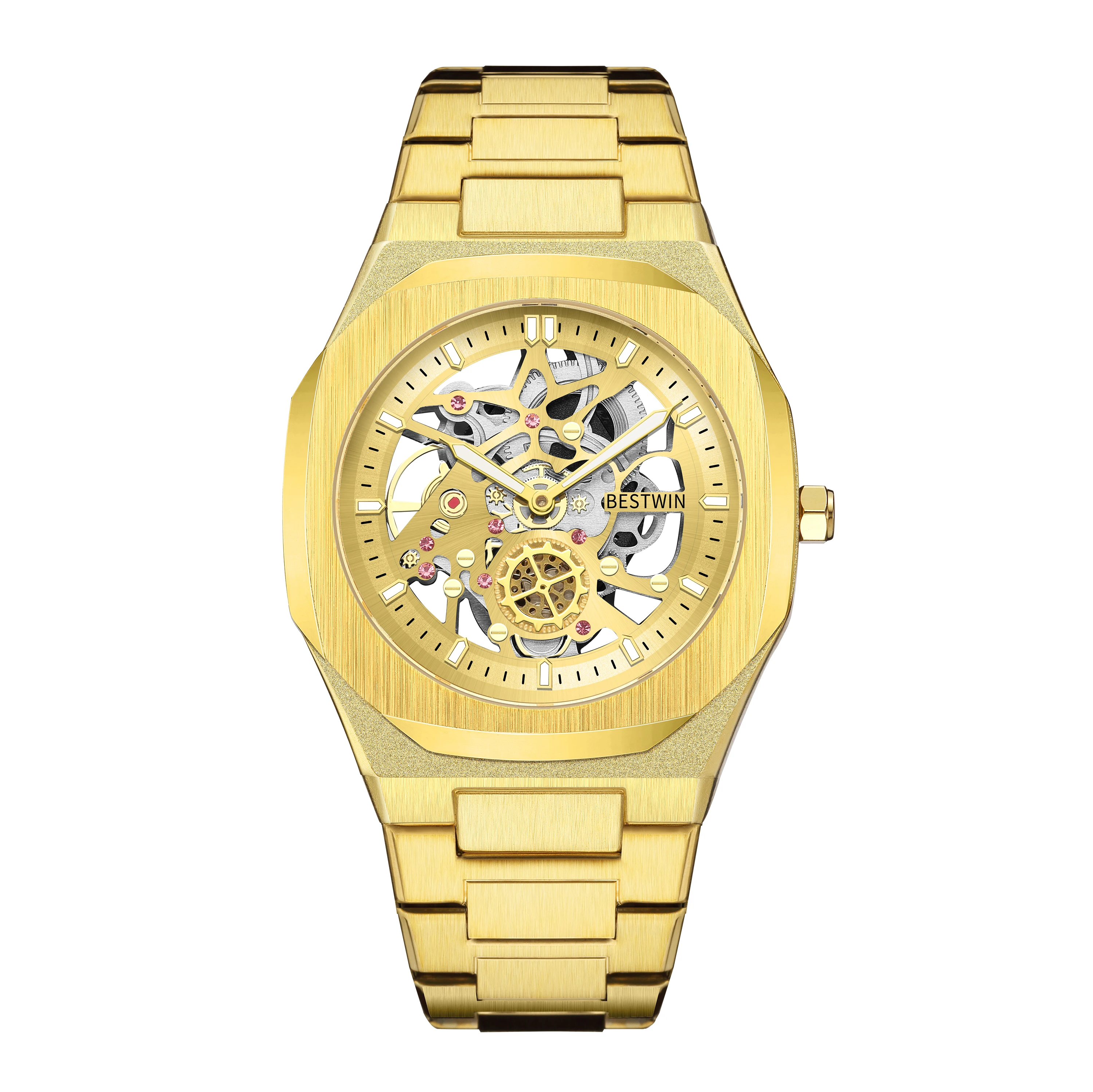 New Octagonal Design Quartz Wristwatches Men Golden Stainless Steel Dress Watch Date/Week Functions Luxury Clock Man 2023