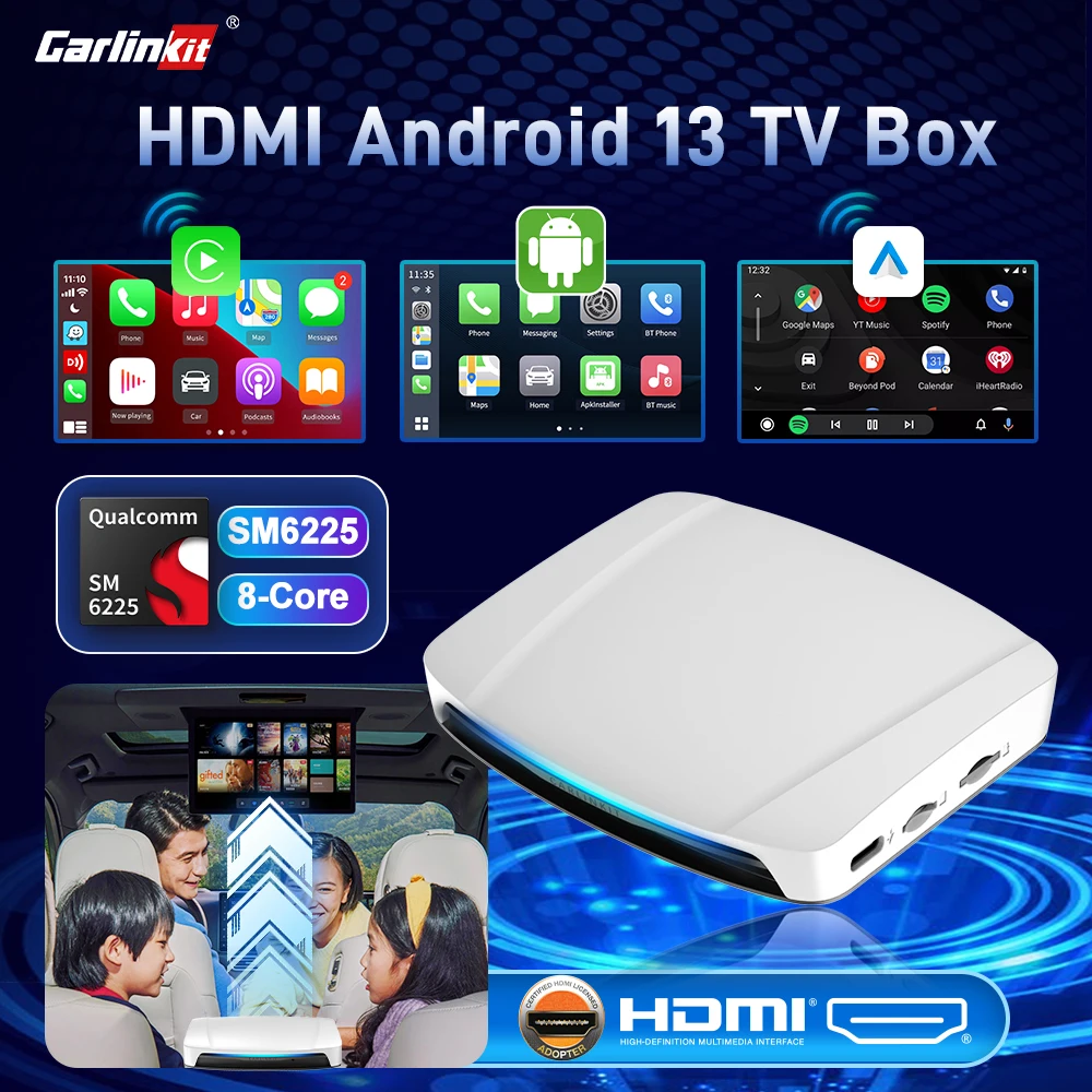 CarlinKit UHD CarPlay Ai Box Android 13 HDMI Streaming TV Box SM6225 8 Cores for Netflix Youtube Online Video HD Output Wired to Wireless CarPlay Android Auto Smart Car Play Box All in One for OEM Car 4G LTE Built-in GPS Dual BT WiFi 8G+128G OTA Update