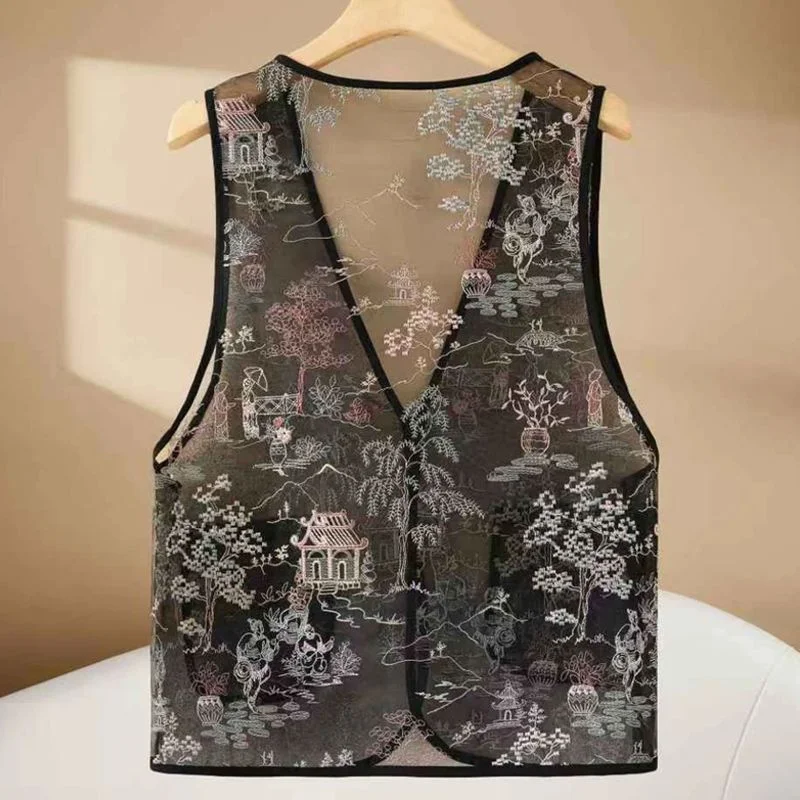 Women Coat Spring and Summer Fashion Design Vest Coat Chinese Style Embroidered V-neck Sleeveless Beautiful Cardigan Vest Coat
