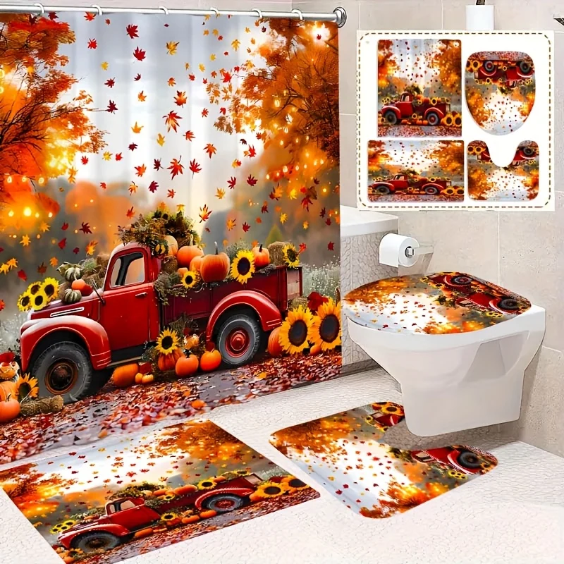 

Набор для ванной комнаты Autumn Leaf Truck с нескользящим ковриком, U-образным ковром и ковриком для унитаза, высококачественная занавеска для душа и 12 крючками