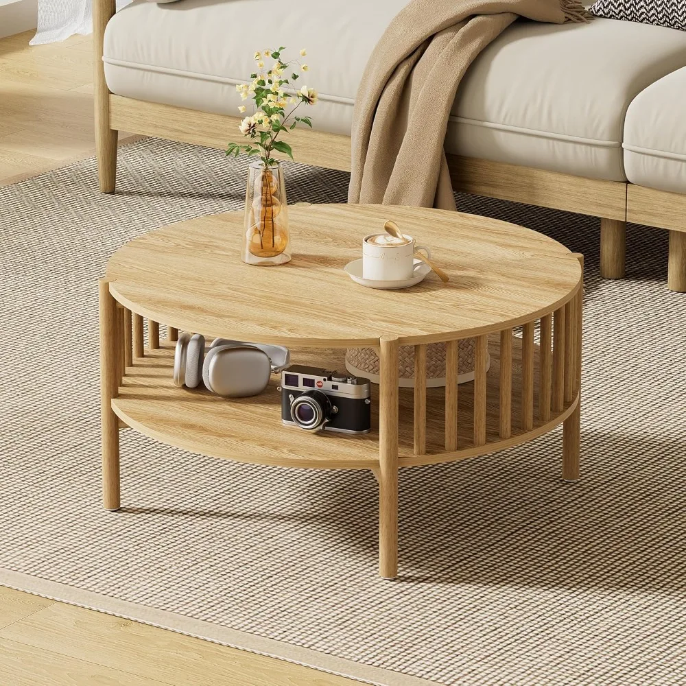 Round Coffee Table for Living Room, Wood and Modern Coffee Table with Open Storage, Nature Oak