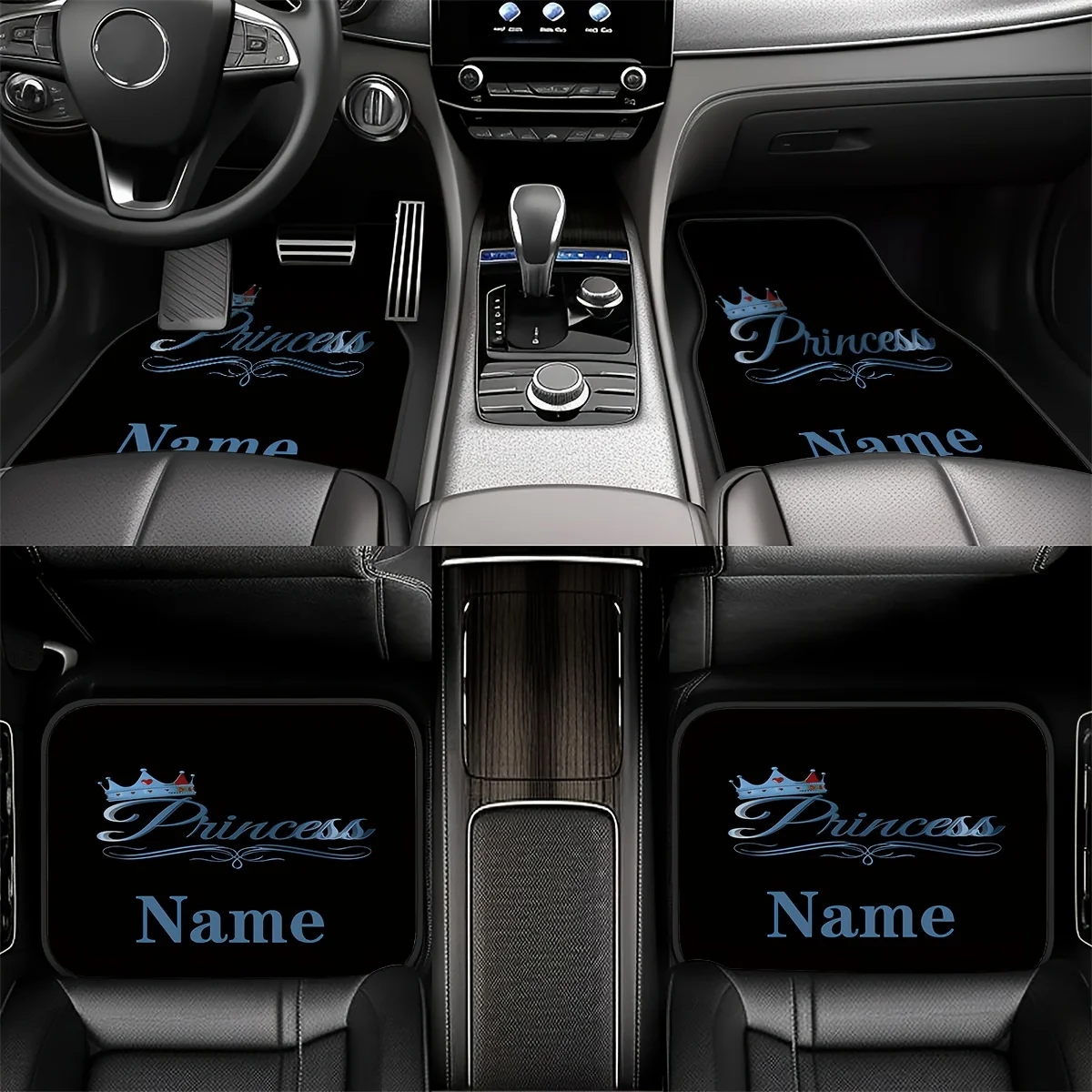 4pcs Customizable Name Car Floor Mats With Princess Crown Theme Design | Perfect Gift For Men/Women, Easy To Clean, Elegant Inte