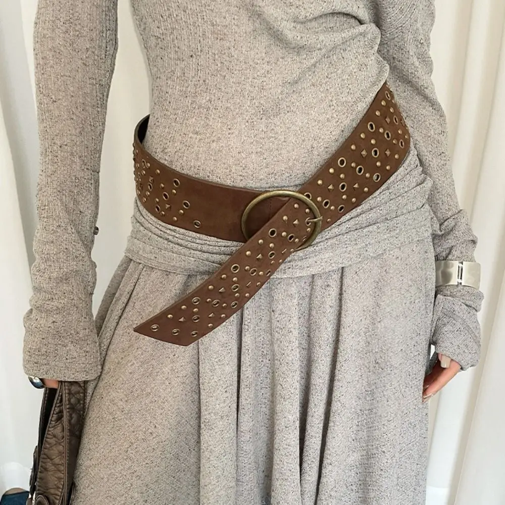 Simple Rivet Cowgirl Belt Harajuku Y2K Wide Waistband Aesthetic Round Buckle PU Leather Belt Clothing Accessories