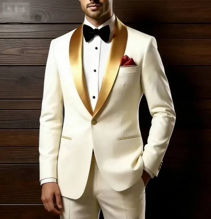 

New Gold Lapel Ivory Business Men Suit Wedding Party Prom Groom Groomsman Formal Occasions Tuxedos 2 Piece Set Blazer Pants