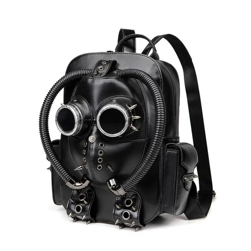 Punk Style Women PU Leather Backpack Heavy Duty Laptop Bag Gas Mask Design Shoulder Bag Rivets Goggle Decor Alternative Rucksack